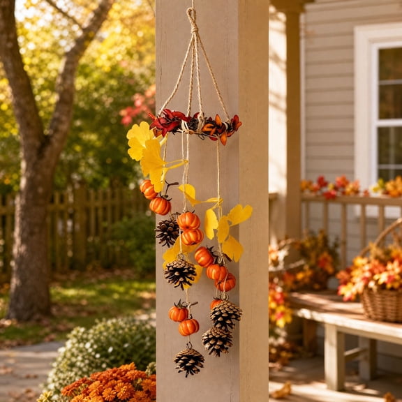 Tree Leaf Pinecone Pendant Wind Chime, Hanging Fall Decoration for Home Porch Patio Entryway Hotel, Plastic Wood Foam Ornament, 60x17cm Outdoor Indoor Decor