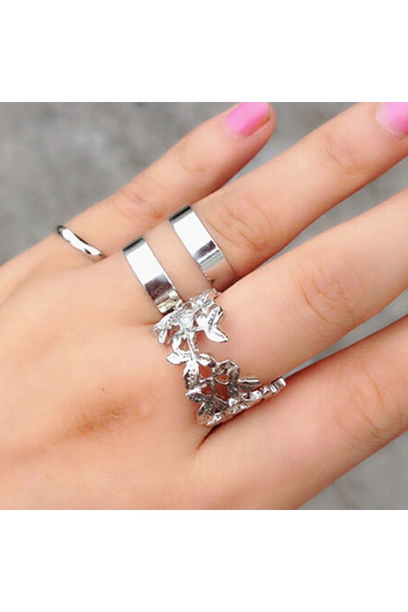 Womens Alloy Ring Set Heart Shaped and Tree Leaf Design Metal Joint Rings Korean Fashion Jewelry Three-Piece Set