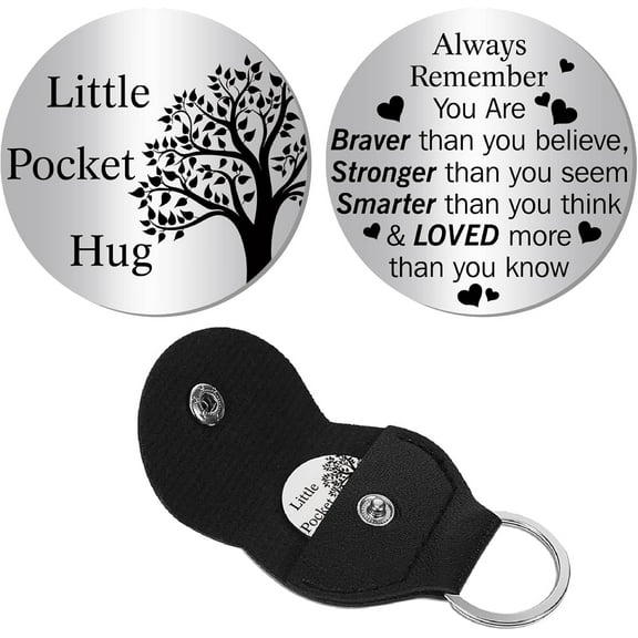 Tree Leather Pocket Keychain Little Pocket Hug Token Small Pocket Stainless Steel Token Double-Sided Message Engraved Souvenir Round Stainless Steel Commemorative Coin 1.2 x 1.2Inch Flamingo