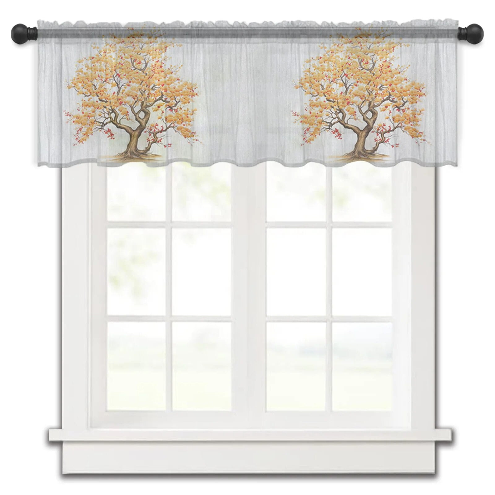Tree Leaves Flowers Trunk Patterns Kitchen Curtains Sheer Short Curtain ...