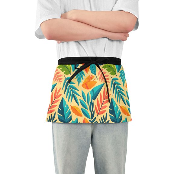 Tree Leaves Server Apron with 3 Pockets Waterproof Waitress Waist Short Apron for Man Woman 12 Inches