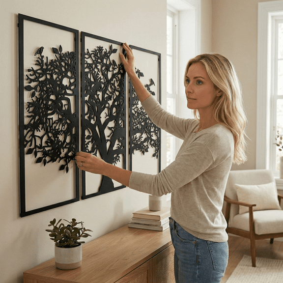 Tree of Life 3 Panels Metal Wall Art for Home and Outside - Wall-Mounted Geometric Metal Wall Decor - Drop Shadow 3D Effect Wall Decoration for Living Room Bedroom