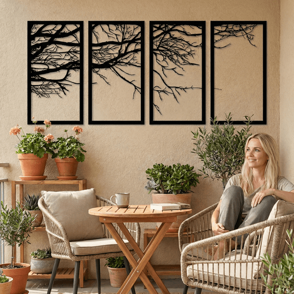 Tree of Life 4 Panels Metal Wall Art for Home and Outside - Wall-Mounted Geometric Metal Wall Decor - Drop Shadow 3D Effect Wall Decoration for Living Room Bedroom