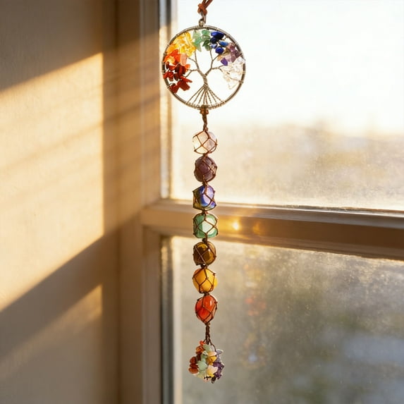Tree of Life 7 Chakra Stones, Dream Catchers Healing Crystals Gifts, Feng Shui Hanging Ornament, Healing Crystals Ornament for Home Decor Yoga Meditation Curtain Cars Office Room Decor