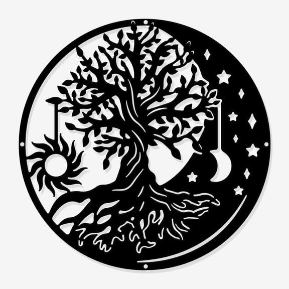 Tree of Life Art Wall Decor 11.81x11.81inch Iron Modern Wall Decor Flat Round Moons Sun Home Hanging Drawing Wall Art Metal Wall Sculptures for Bedroom Living Room Black