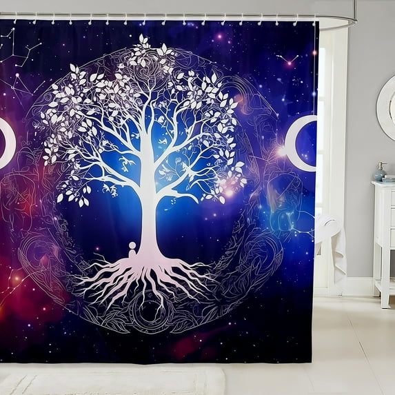 Tree Of Life Bathroom Shower Curtain Sets Stars Galaxy 72" W X 72" L Fabric Shower Curtain Starry Sky Bohemian Shower Curtain Teens,Exotic Decor Bath Curtain Purple