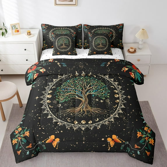 Tree of Life Bed in a Bag King Size Comforter Set 7 Pieces,Butterfly Bedding Sets Sun and Moon Sheet Set with Comforter Botanical Flowers Exotic Bohemian Decor