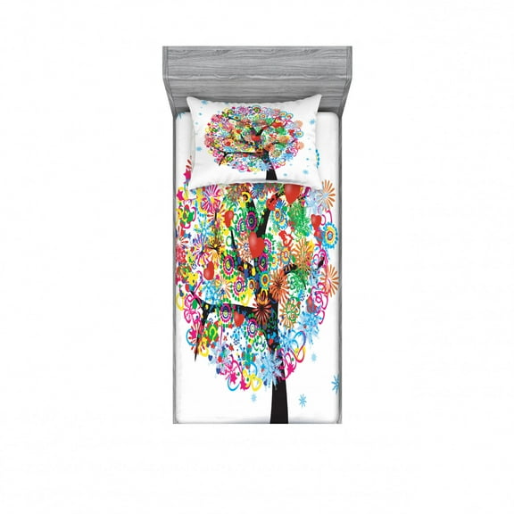 Tree of Life Bedding Set with Sheet & Covers, Colorful Tree with Lines and Heart Leaves Love Life Celebration Art, Printed Bedroom Decor 2 Shams, 4 Sizes, Multicolor, by Ambesonne