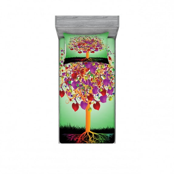 Tree of Life Bedding Set with Sheet & Covers, Colorful Magic Love Tree Blossomed Heart and Round Leaves and Roots Life Theme, Printed Bedroom Decor 2 Shams, 4 Sizes, Multicolor, by Ambesonne