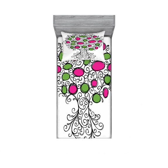 Tree of Life Bedding Set with Sheet & Covers, Ornate Tree with Curving Roots and Branches Colored Fruits Growing Home, Printed Bedroom Decor 2 Shams, 4 Sizes, Pink Green Black, by Ambesonne