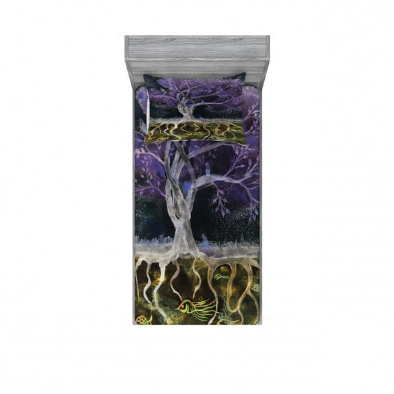 Tree of Life Bedding Set with Sheet & Covers, Psychedelic Mysterious Nature at Night Birds and Fishes Home Artwork, Printed Bedroom Decor 2 Shams, 4 Sizes, Multicolor, by Ambesonne