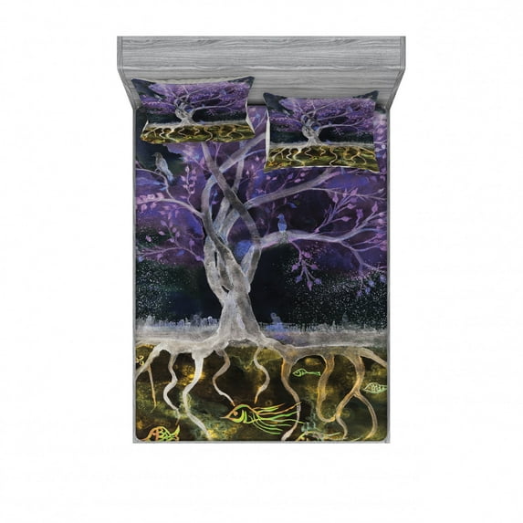 Tree of Life Bedding Set with Sheet & Covers, Psychedelic Mysterious Nature at Night Birds and Fishes Home Artwork, Printed Bedroom Decor 2 Shams, 4 Sizes, Multicolor, by Ambesonne