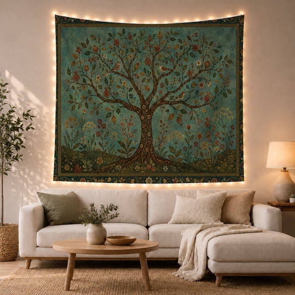 Tree of Life with Birds and Roses in Meadow, Serene Folk Art for Nature Lovers, Botanical Wall Art Housewarming Gift Tapestry Wall Hanging for Bedroom and Living Room