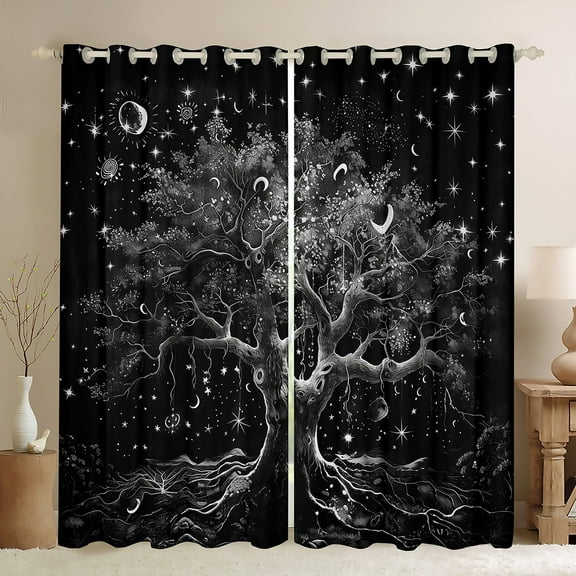 Tree Of Life Blackout Curtains Boho Exotic Curtains, Black White Sun And Moon Bedroom Curtains Bohemian Gothic Style Window Curtains Teens Happy Halloween Curtains,84"Wx90"L