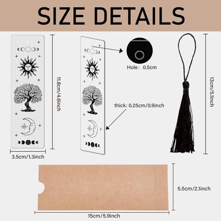 Tree of Life Bookmark Acrylic Book Markers Transparent Rectangle Sun Moon Eclipse Tarot Elemental Decoration Book Mark with Tassel for Reading Teachers Students Supplies 4.6 x 1.3 Inch