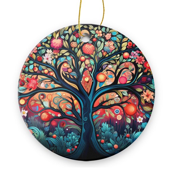 Tree of Life With Branches Adorned In Colorful Fruits And Flowers - Christmas Ornament Xmas Keepsake Ceramic Ornaments Holiday Decorations for Tree Christmas Gift Ideas 2.95in