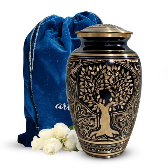 Tree of Life Brass Urn for Ashes for Women, Gold Memorial Urns for Human Ashes Adult Man, Black Cremation Urn for Adults, Decorative Urns for Human Ash, (10" Large, Upto 200 Cubic Inches Capacity)