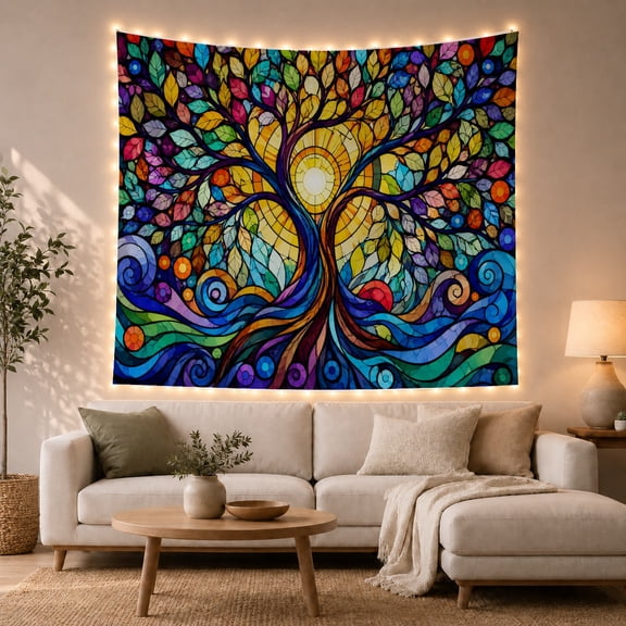 Tree of Life Against Bright Sunlight Stained Glass, Inspirational Psychedelic for Nature Lovers, Vibrant Nature Wall Art, Birthday Gift Tapestry Wall Hanging for Living Room and Bedroom