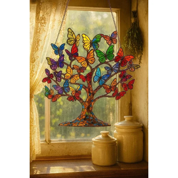 Tree Life Butterfly Acrylic Suncatcher Rainbow Nature Inspired Window Hanging