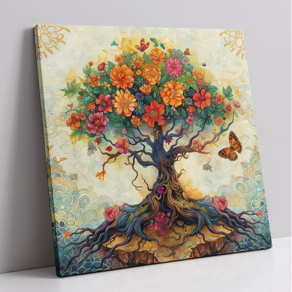 Tree of Life Canvas Wall Art, Colorful Picture Nature Abstract Prints, Butterfly Wall Art, Modern Landscape Artwork Mandala Style Poster Home Decor for Living Room Bedroom Office (16x16 Inches)
