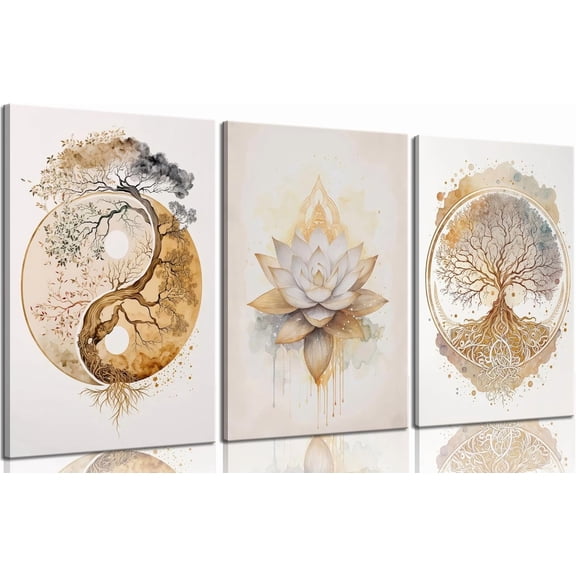 Tree of Life Canvas Wall Art Gold Lotus Zen Painting Picture Wall Decor Abstract Yin Yang Poster Print Artwork for Living Room Yoga Room Hotel Bedroom Home Decoration Wood Color