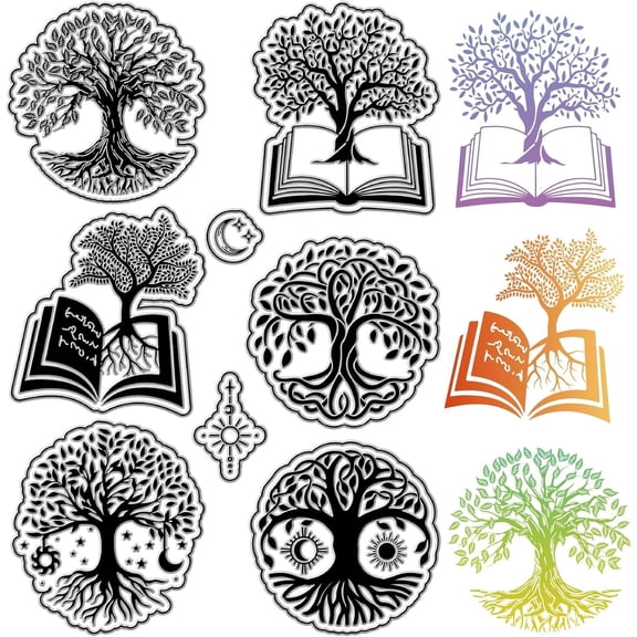 Tree of Life Clear Stamps Sun Moon Book Reusable Transparent Silicone Stamp Seals Postmark for Journaling Card Making Decor DIY Scrapbooking Film Frame Photo Album Decorative Mixed Color