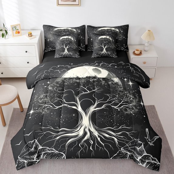Tree of Life Comforter Set 7 Piece Bed in a Bag Twin,Exotic Gothic Bedding Sets Black and White Sheet Set with Comforter Goth Moon Galaxy Stars Room Decor