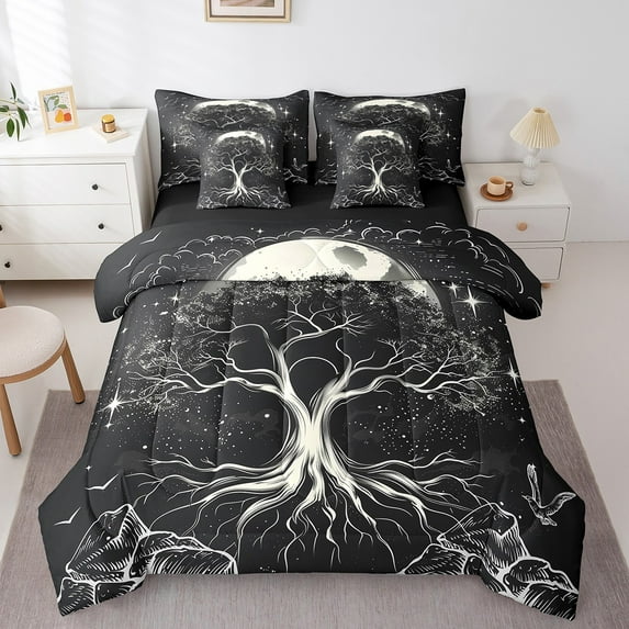 Tree of Life Comforter Set 7 Piece Bed in a Bag Twin,Exotic Gothic Bedding Sets Black and White Sheet Set with Comforter Goth Moon Galaxy Stars Room Decor