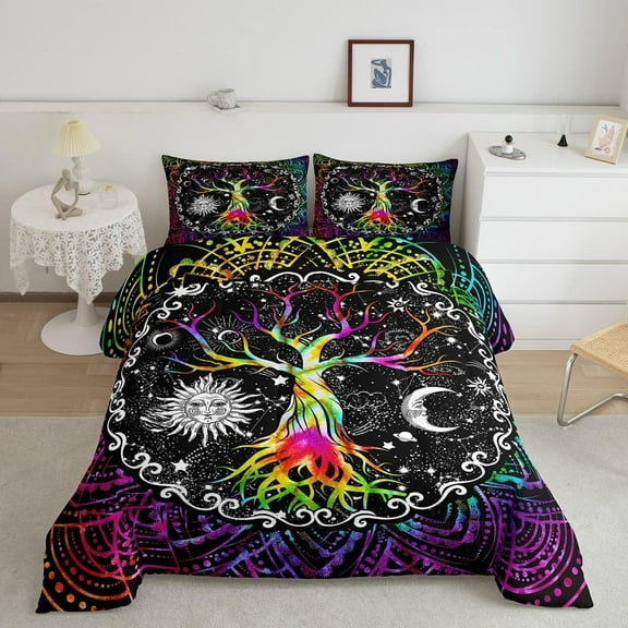 Tree of Life Comforter Set Full Size,Colorful Sun and Moon Bedding Set for Men Women,Psychedelic Mandala Flowers Quilt Lightweight,Galaxy Stars Tribal Duvet Insert with 2 Pillow Shams Bedroom Decor