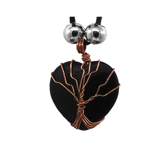 Tree of Life Copper Metal Wire Wrapped Heart Shaped Healing Gemstone Crystal Cabochon Pendant Adjustable Necklace - Womens Fashion Handmade Jewelry Boho Accessories