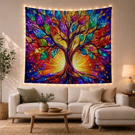 Tree of Life in Cosmic Glow, Mystical Boho Stained Glass Art for Nature Lovers, Celestial Home Decor Housewarming Gift Tapestry Wall Hanging for Bedroom, Living Room and Dorm