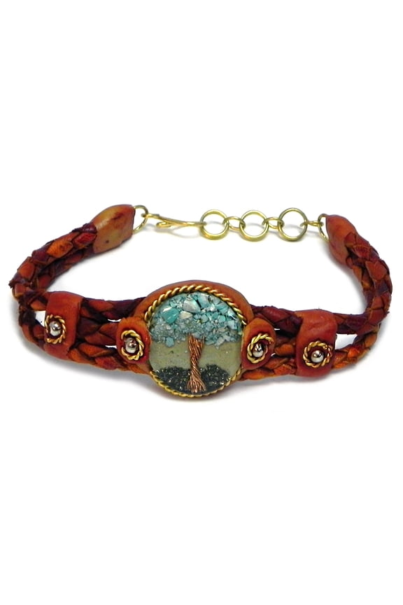 Tree of Life Crushed Chip Stone Inlay Copper Wire Round Clear Acrylic Cabochon Braided Dyed Leather Bracelet - Womens Fashion Handmade Jewelry Boho Accessories
