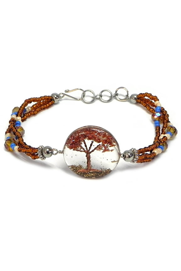 Tree of Life Crushed Chip Stone Inlay Copper Wire Round Clear Acrylic Centerpiece Crystal Beaded Multi Strand Bracelet - Womens Fashion Handmade Jewelry Boho Accessories