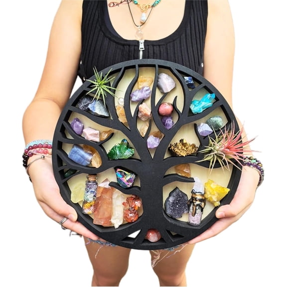 Tree of Life Crystal Display Shelf - Wooden Wall Decor for Crystals, Gemstones, and Healing Stones - Boho Tree-Shaped Organizer for Spiritual, Witchy, or Bohemian Home Decor