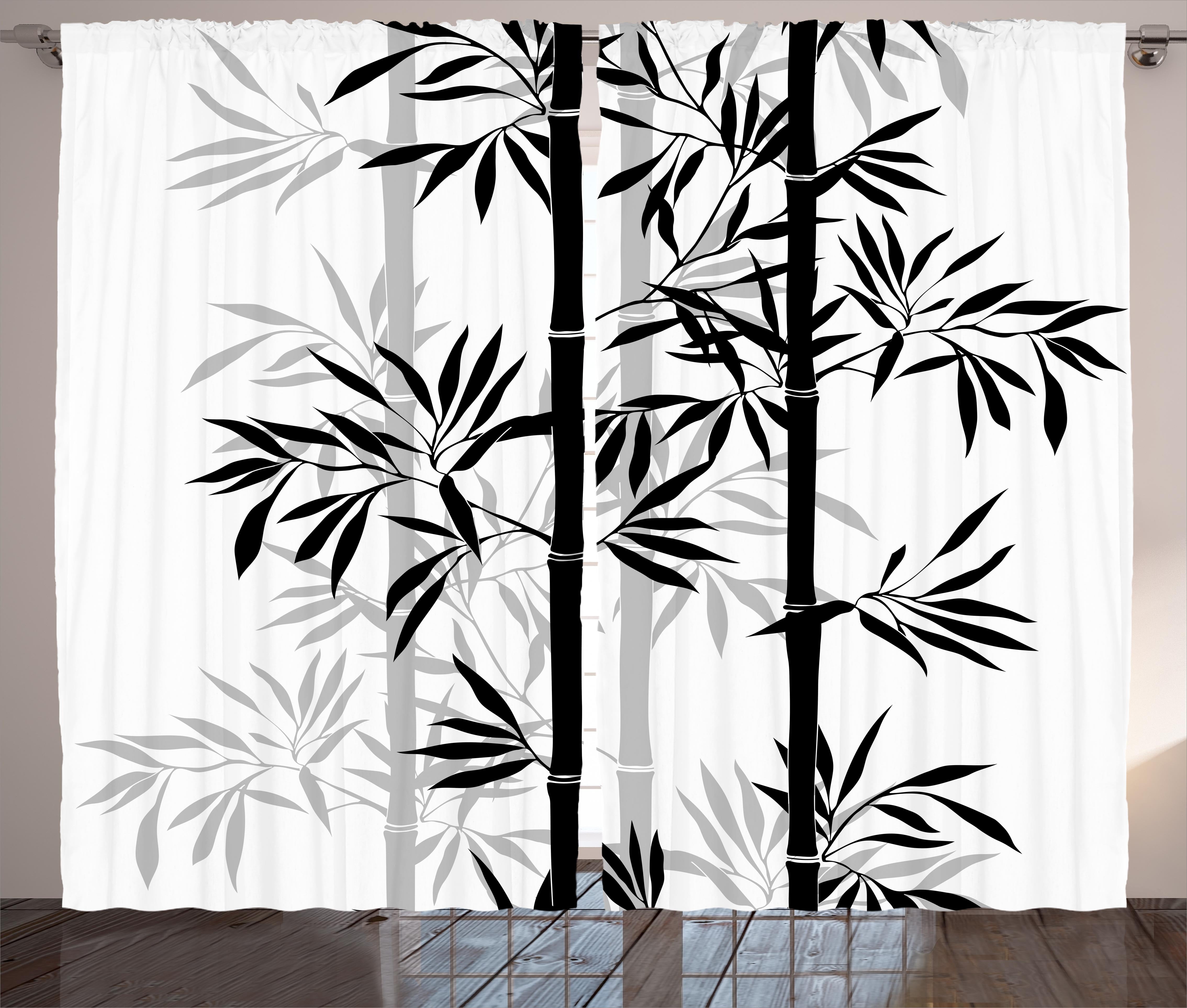 Black and White Bamboo Print Light-Filtering Polyester Curtain Pair
