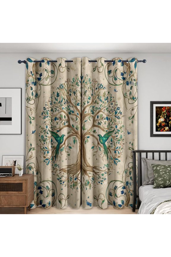 Tree Of Life Curtains For Living Room, Vintage Bird Floral Pattern Design Blackout Curtains, Tree Of Life Bedroom Decor Window Drapes With Grommet 38"W x 45"L (Pack of 2)