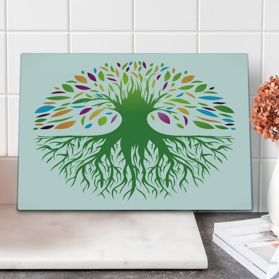 Tree of Life Cutting Board, Colorful Round Abstract Tree Life and Soul Eco Nature Design Image, Decorative Tempered Glass Cutting and Serving Board, Large Size, Multicolor, by Ambesonne