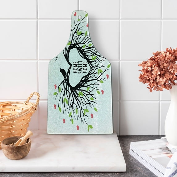 Tree of Life Cutting Board, Heart Shaped Bird Nest Home Words Hope Family Partners in Nature, Decorative Tempered Glass Cutting and Serving Board, Wine Bottle Shape, Black Green Pink, by Ambesonne
