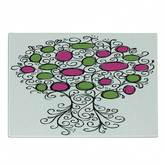 Tree of Life Cutting Board, Ornate Tree with Curving Roots and Branches Colored Fruits Growing Home, Decorative Tempered Glass Cutting and Serving Board, Small Size, Pink Green Black, by Ambesonne