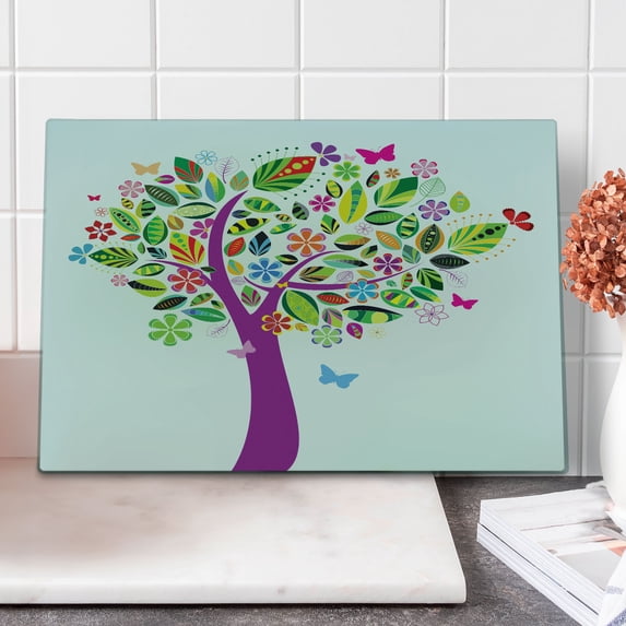 Tree of Life Cutting Board, Ornate Vibrant Floral Tree Flying Butterflies Fresh Colors Nature Image Home, Decorative Tempered Glass Cutting and Serving Board, Large Size, Multicolor, by Ambesonne