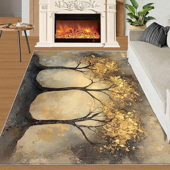 Tree of Life Decor for Home - Landscape Rug, Gold Tree Area Rugs for Living Room Bedroom, Washable & Non Slip & Soft Large Rugs, Japanese Spa Home Decor 4x5ft