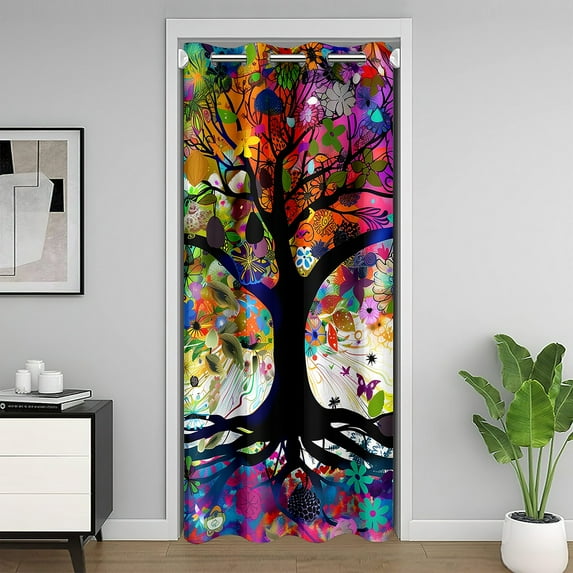 Tree of Life Door Curtain for Doorway Privacy,Watercolor Floral Exotic Sliding Closet Door Curtains Hippie Graffiti Painting Privacy Curtain Cover for Room Divider Not Blackout Curtain,W52 X L84