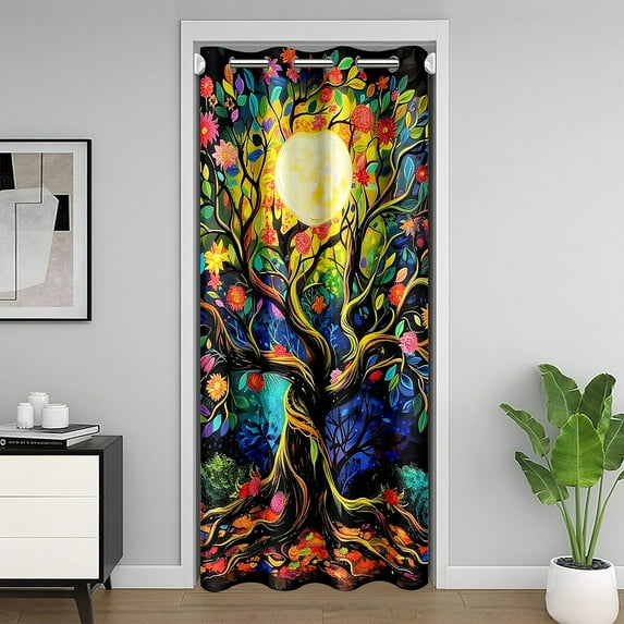 Tree of Life Door Curtain for Privacy,Watercolor Nature Tree Closet Door Cover Curtain Adults,Bohemian Floral Botanical Room Divider Blackout Curtain 1 Panel,34"W X 80"L