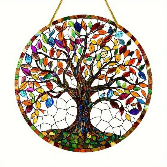 Tree of Life Dream Catcher, Colorful Glass Appearance Garden Sign, Round Wreath Sign (5.9"x5.9"), All-Season Exquisite Gift, Window Hanging, Outdoor Glass Art Decoration, Multi-Functional Wall Hanging