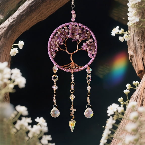 Tree of Life Dream Catchers Suncatcher with Prisms & Rose Quartz Crystals Decoration for Window Garden Patio Balcony Bedroom Gift for Audlts Girls Boys,15.4 IN(Purple)