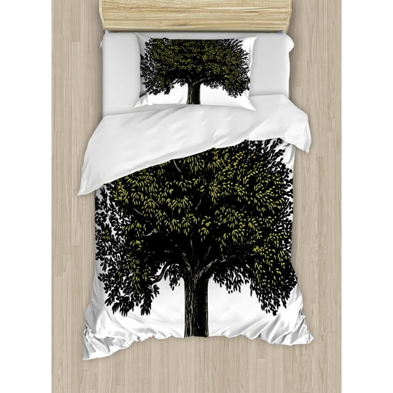 Tree of Life Duvet Cover Set, Digital Design of Mature Fruit Tree in Retro Engraving Style King of Forest, Decorative 2 Piece Bedding Set with 1 Pillow Shams, Twin Size, Brown Green, by Ambesonne