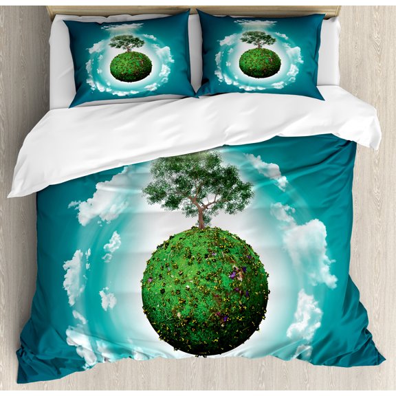 Tree of Life Duvet Cover Set, Grassy Globe World with Plant Clouds in Air Science Fiction Mother Earth, Decorative 3 Piece Bedding Set with 2 Pillow Shams, King Size, Green Blue White, by Ambesonne