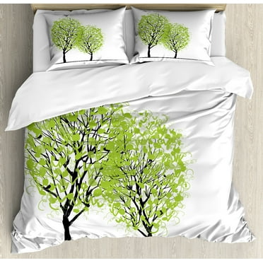 Tree of Life Duvet Cover Set, Green Spring Trees with Birds Sitting on the Branch Warm Season Life, Decorative 3 Piece Bedding Set with 2 Pillow Shams, Calking Size, Green Black Blue, by Ambesonne