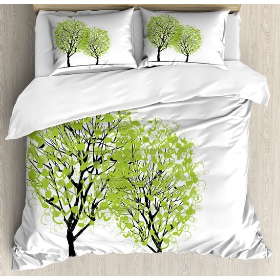 Tree of Life Duvet Cover Set, Green Spring Trees with Birds Sitting on the Branch Warm Season Life, Decorative 3 Piece Bedding Set with 2 Pillow Shams, Queen Size, Green Black Blue, by Ambesonne