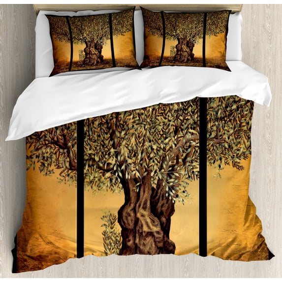 Tree of Life Duvet Cover Set King Size, Triptych of Old Mature Olive Tree Mediterranean Greece Style Nature Graphic, Decorative 3 Piece Bedding Set with 2 Pillow Shams, Multicolor, by Ambesonne